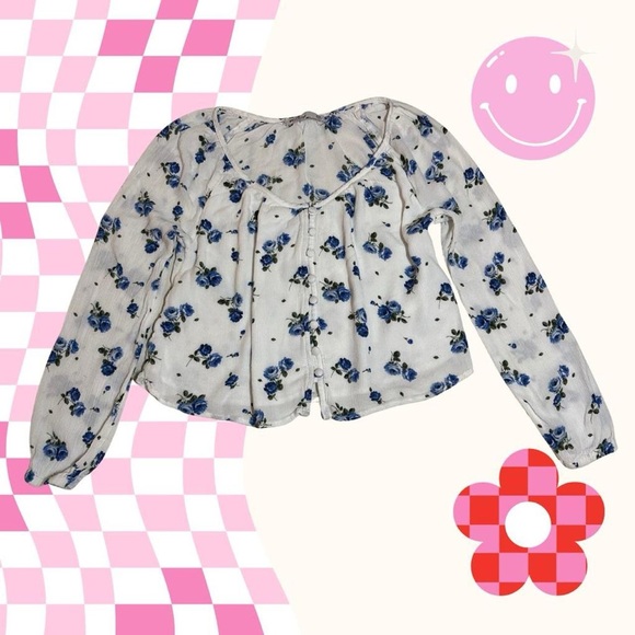 Hollister Blue Floral Button-up /  Crop Top SIZE XS - Picture 2 of 6